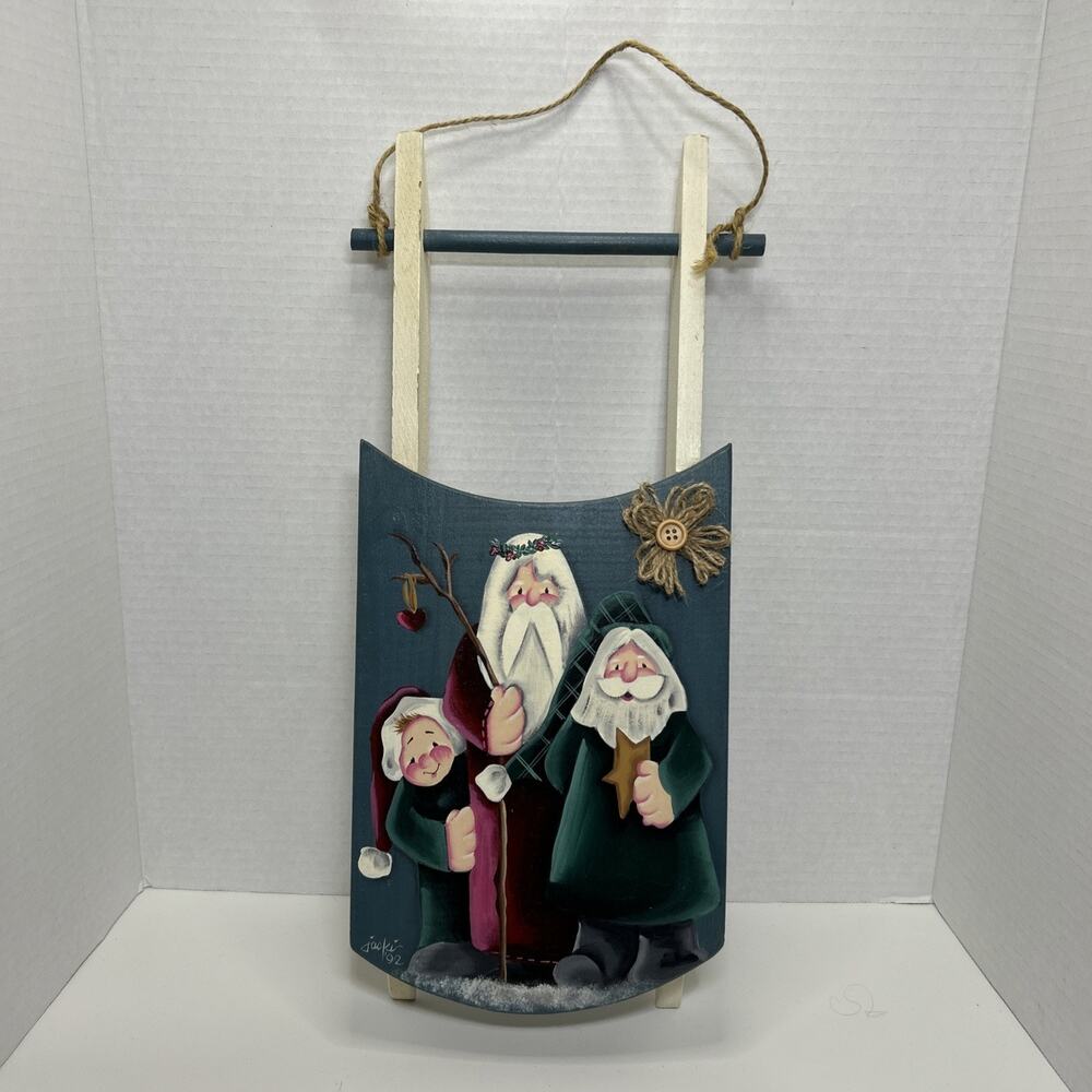 Vtg Wood Hand Painted Decorative 18" Sled Old Time Santa Blue Christmas Decor
